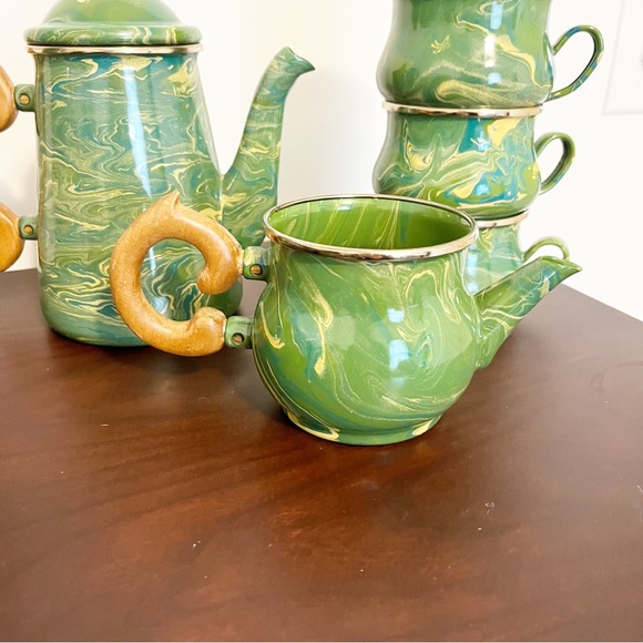 Vintage RARE MacKenzie-Childs Victoria and Richard Green Enamel 12 pc Tea Set - Picture 7 of 10